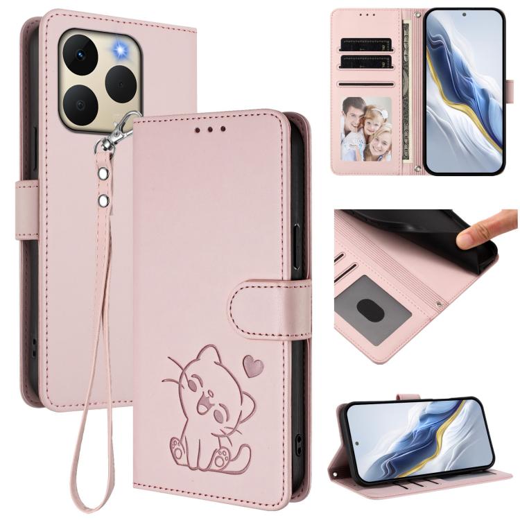 Embossed Heart Cat Leather Phone Case with Hand Strap, For Realme Note 70 / Note 70T 4G / C71 4G India, For Realme P4 Pro 5G, For Realme P4 5G, For Realme 15T 5G Global