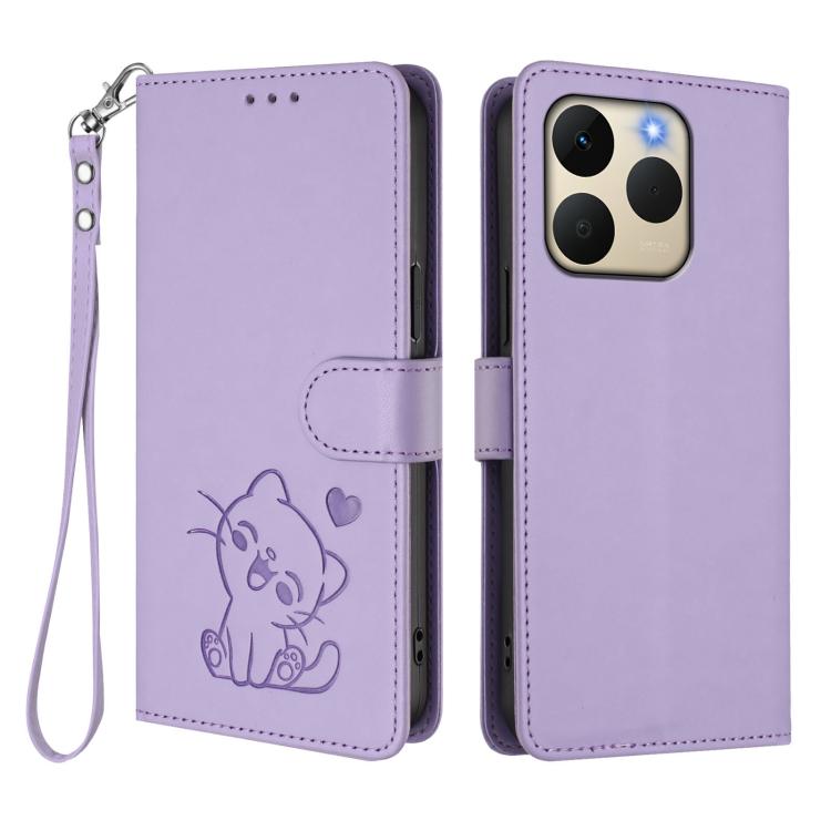 Embossed Heart Cat Leather Phone Case with Hand Strap, For Realme Note 70 / Note 70T 4G / C71 4G India, For Realme P4 Pro 5G, For Realme P4 5G, For Realme 15T 5G Global