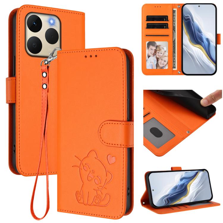 Embossed Heart Cat Leather Phone Case with Hand Strap, For Realme Note 70 / Note 70T 4G / C71 4G India, For Realme P4 Pro 5G, For Realme P4 5G, For Realme 15T 5G Global