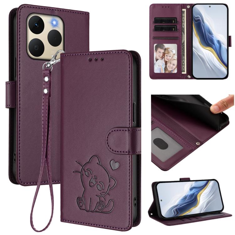 Embossed Heart Cat Leather Phone Case with Hand Strap, For Realme Note 70 / Note 70T 4G / C71 4G India, For Realme P4 Pro 5G, For Realme P4 5G, For Realme 15T 5G Global