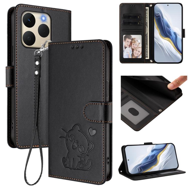 Embossed Heart Cat Leather Phone Case with Hand Strap, For Realme Note 70 / Note 70T 4G / C71 4G India, For Realme P4 Pro 5G, For Realme P4 5G, For Realme 15T 5G Global