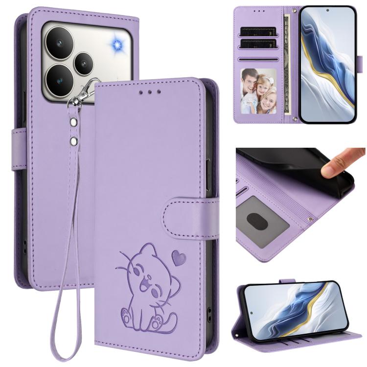 Embossed Heart Cat Leather Phone Case with Hand Strap, For Realme Note 70 / Note 70T 4G / C71 4G India, For Realme P4 Pro 5G, For Realme P4 5G, For Realme 15T 5G Global