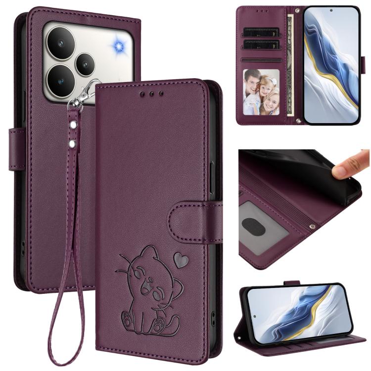 Embossed Heart Cat Leather Phone Case with Hand Strap, For Realme Note 70 / Note 70T 4G / C71 4G India, For Realme P4 Pro 5G, For Realme P4 5G, For Realme 15T 5G Global