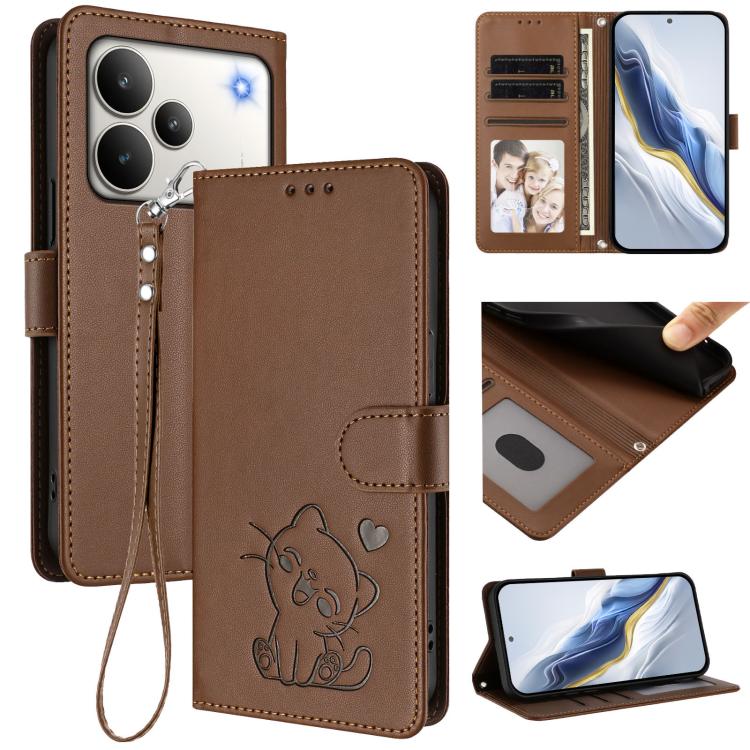 Embossed Heart Cat Leather Phone Case with Hand Strap, For Realme Note 70 / Note 70T 4G / C71 4G India, For Realme P4 Pro 5G, For Realme P4 5G, For Realme 15T 5G Global