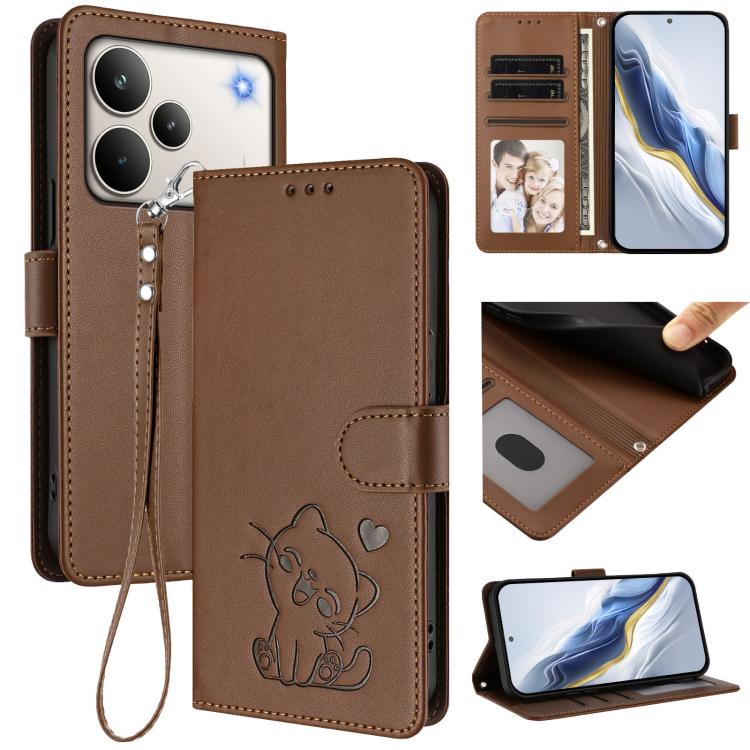 Embossed Heart Cat Leather Phone Case with Hand Strap, For Realme Note 70 / Note 70T 4G / C71 4G India, For Realme P4 Pro 5G, For Realme P4 5G, For Realme 15T 5G Global