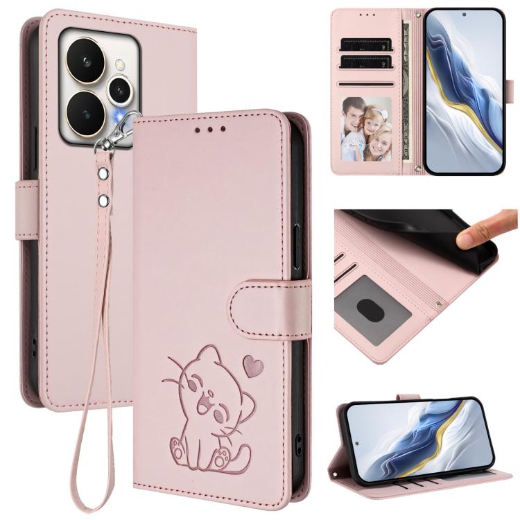 Embossed Heart Cat Leather Phone Case with Hand Strap, For Realme 15 / 15 Pro 5G Global, For Realme C71 4G Global, For Realme GT 7 5G India, For Realme V70 5G / 14x Global / C75 5G