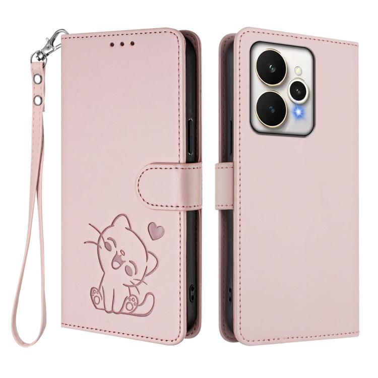 Embossed Heart Cat Leather Phone Case with Hand Strap, For Realme 15 / 15 Pro 5G Global, For Realme C71 4G Global, For Realme GT 7 5G India, For Realme V70 5G / 14x Global / C75 5G