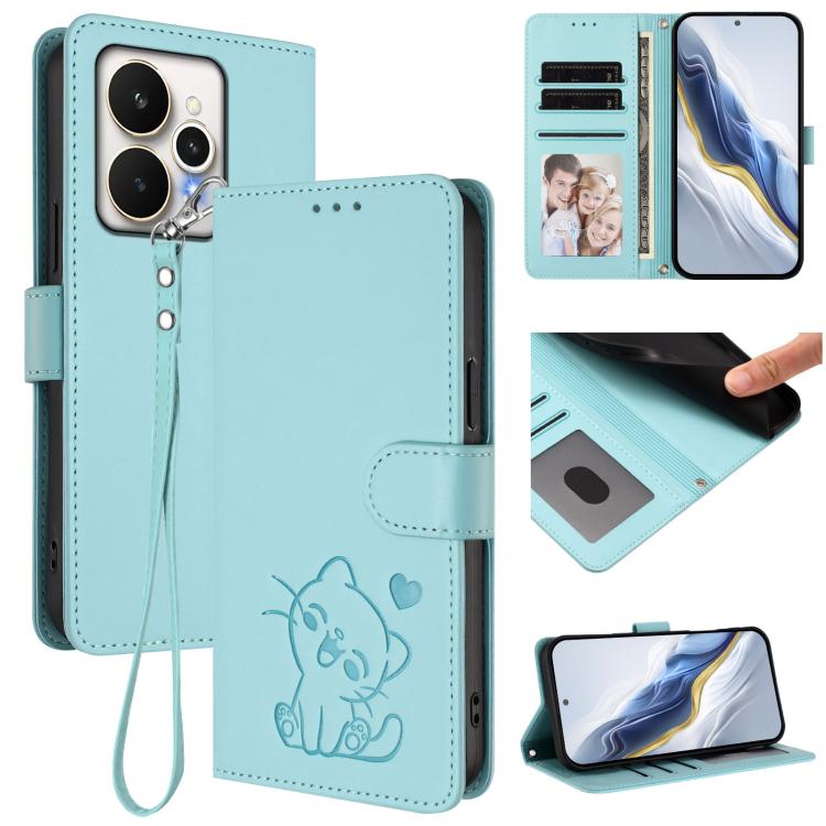 Embossed Heart Cat Leather Phone Case with Hand Strap, For Realme 15 / 15 Pro 5G Global, For Realme C71 4G Global, For Realme GT 7 5G India, For Realme V70 5G / 14x Global / C75 5G