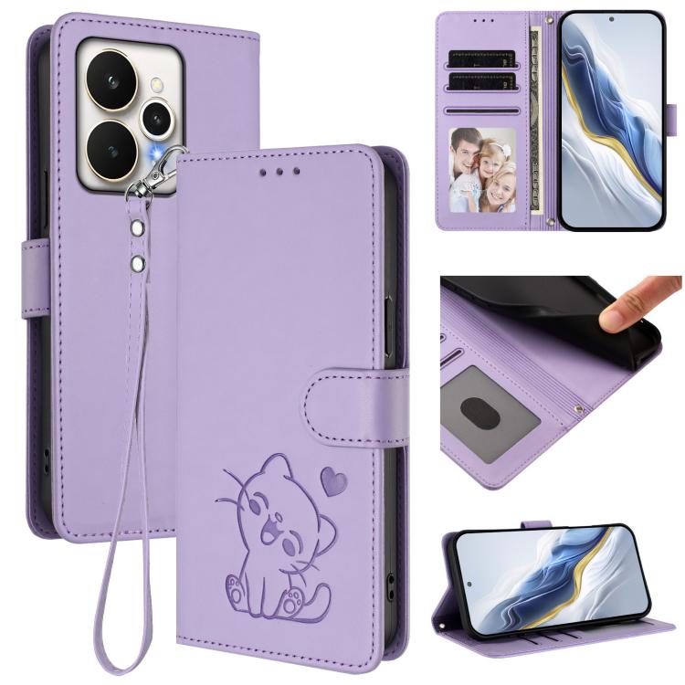 Embossed Heart Cat Leather Phone Case with Hand Strap, For Realme 15 / 15 Pro 5G Global, For Realme C71 4G Global, For Realme GT 7 5G India, For Realme V70 5G / 14x Global / C75 5G