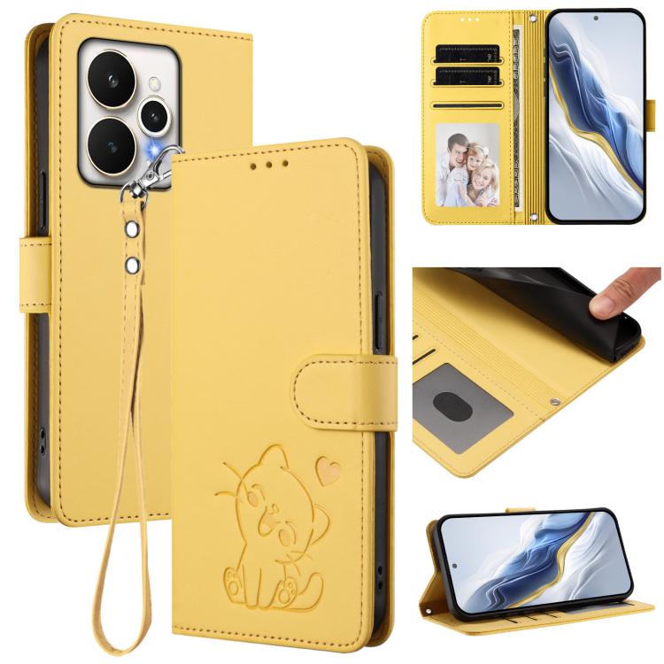 Embossed Heart Cat Leather Phone Case with Hand Strap, For Realme 15 / 15 Pro 5G Global, For Realme C71 4G Global, For Realme GT 7 5G India, For Realme V70 5G / 14x Global / C75 5G