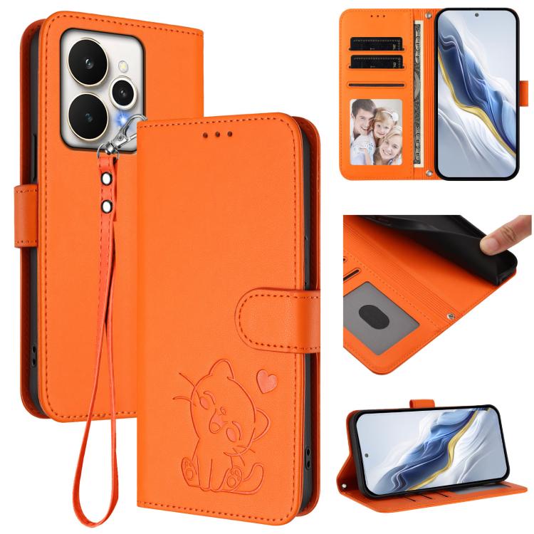 Embossed Heart Cat Leather Phone Case with Hand Strap, For Realme 15 / 15 Pro 5G Global, For Realme C71 4G Global, For Realme GT 7 5G India, For Realme V70 5G / 14x Global / C75 5G