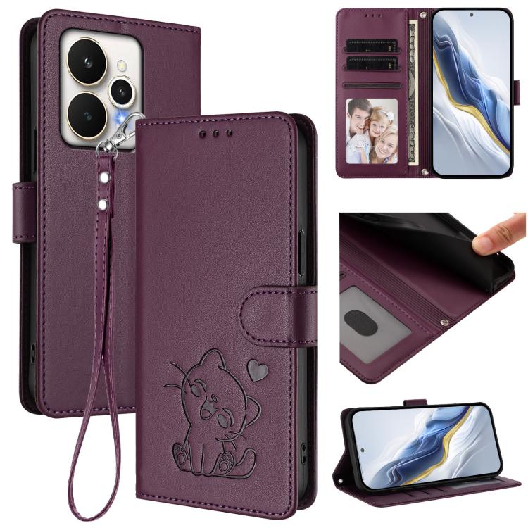 Embossed Heart Cat Leather Phone Case with Hand Strap, For Realme 15 / 15 Pro 5G Global, For Realme C71 4G Global, For Realme GT 7 5G India, For Realme V70 5G / 14x Global / C75 5G