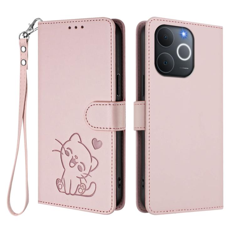 Embossed Heart Cat Leather Phone Case with Hand Strap, For Realme Note 70 / Note 70T 4G / C71 4G India, For Realme P4 Pro 5G, For Realme P4 5G, For Realme 15T 5G Global