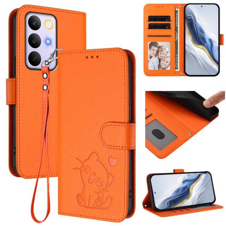 Embossed Heart Cat Leather Phone Case with Hand Strap, For Realme 16T 5G, For Realme C100 5G / C85 4G / 5G / C83 5G, For Realme Note 80 4G Global, For Realme C83 5G India / C85 5G / 15x 5G