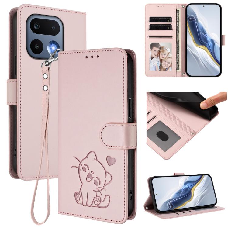 Embossed Heart Cat Leather Phone Case with Hand Strap, For Realme 16 5G, For Realme 16 Pro+ 5G, For Realme 16 Pro 5G, For Realme P4x 5G