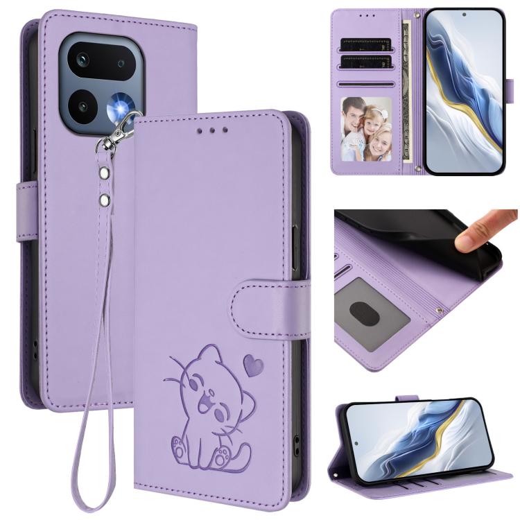 Embossed Heart Cat Leather Phone Case with Hand Strap, For Realme 16 5G, For Realme 16 Pro+ 5G, For Realme 16 Pro 5G, For Realme P4x 5G