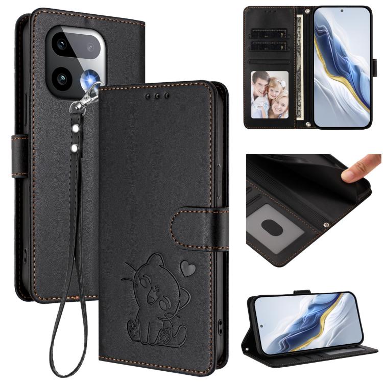 Embossed Heart Cat Leather Phone Case with Hand Strap, For Realme 16 5G, For Realme 16 Pro+ 5G, For Realme 16 Pro 5G, For Realme P4x 5G