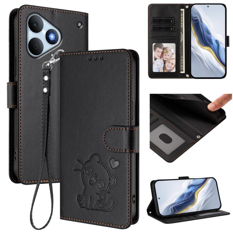 Embossed Heart Cat Leather Phone Case with Hand Strap, For Realme 16T 5G, For Realme C100 5G / C85 4G / 5G / C83 5G, For Realme Note 80 4G Global, For Realme C83 5G India / C85 5G / 15x 5G