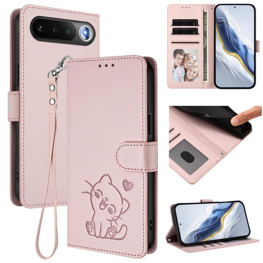 Embossed Heart Cat Leather Phone Case with Hand Strap, For Realme 16 5G, For Realme 16 Pro+ 5G, For Realme 16 Pro 5G, For Realme P4x 5G