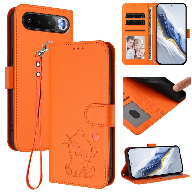 Embossed Heart Cat Leather Phone Case with Hand Strap, For Realme 16 5G, For Realme 16 Pro+ 5G, For Realme 16 Pro 5G, For Realme P4x 5G