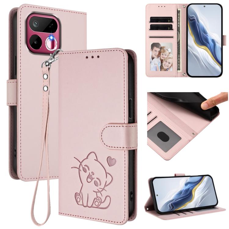Embossed Heart Cat Leather Phone Case with Hand Strap, For Realme 16T 5G, For Realme C100 5G / C85 4G / 5G / C83 5G, For Realme Note 80 4G Global, For Realme C83 5G India / C85 5G / 15x 5G