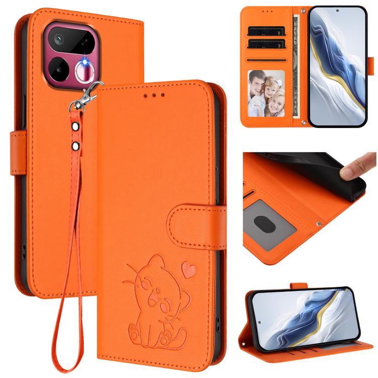 Embossed Heart Cat Leather Phone Case with Hand Strap, For Realme 16T 5G, For Realme C100 5G / C85 4G / 5G / C83 5G, For Realme Note 80 4G Global, For Realme C83 5G India / C85 5G / 15x 5G