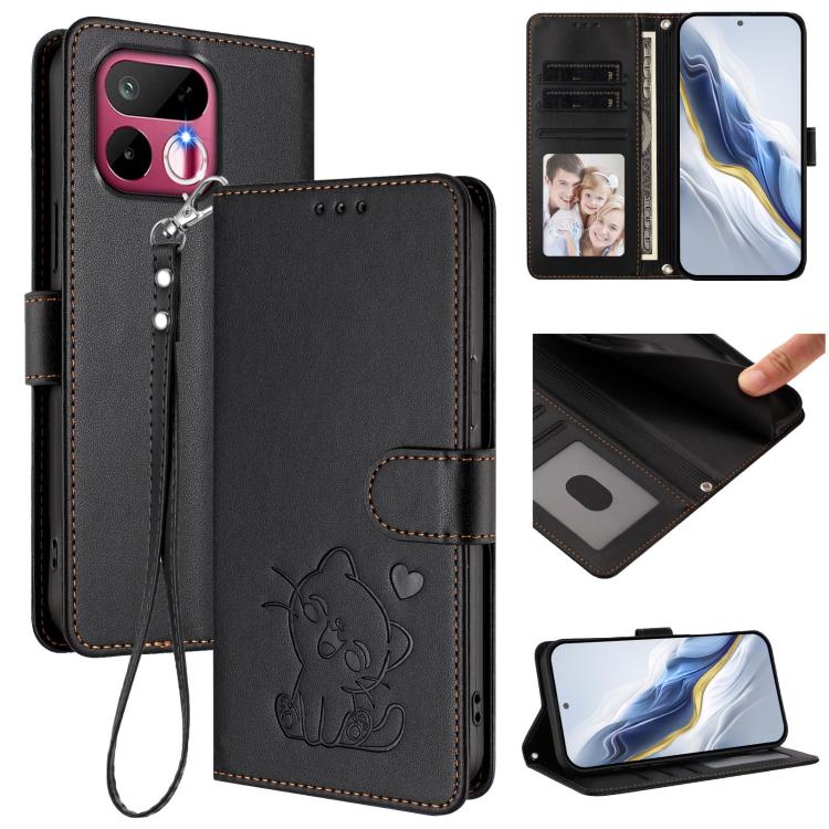Embossed Heart Cat Leather Phone Case with Hand Strap, For Realme 16T 5G, For Realme C100 5G / C85 4G / 5G / C83 5G, For Realme Note 80 4G Global, For Realme C83 5G India / C85 5G / 15x 5G