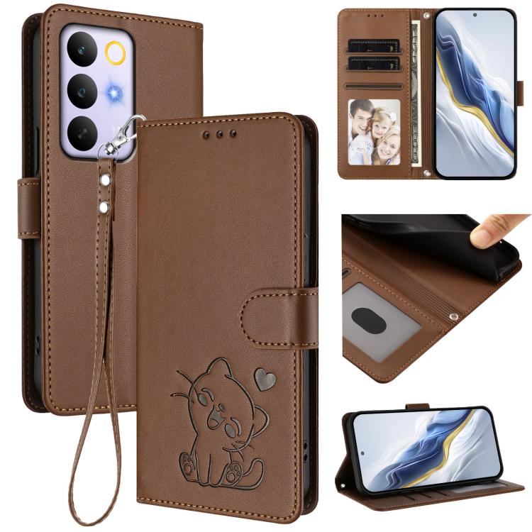 Embossed Heart Cat Leather Phone Case with Hand Strap, For Realme 16T 5G, For Realme C100 5G / C85 4G / 5G / C83 5G, For Realme Note 80 4G Global, For Realme C83 5G India / C85 5G / 15x 5G