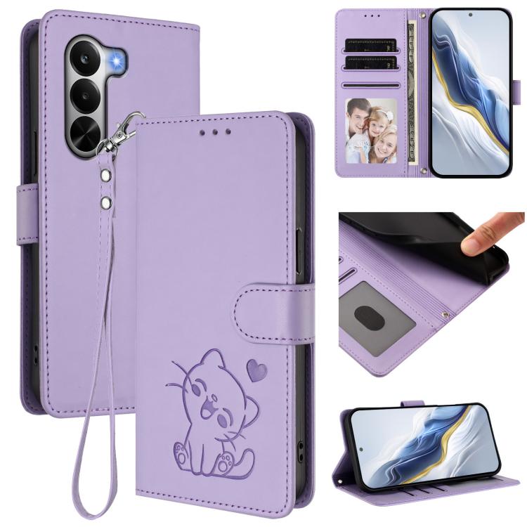 Embossed Heart Cat Leather Phone Case with Hand Strap, For Realme 16 5G, For Realme 16 Pro+ 5G, For Realme 16 Pro 5G, For Realme P4x 5G