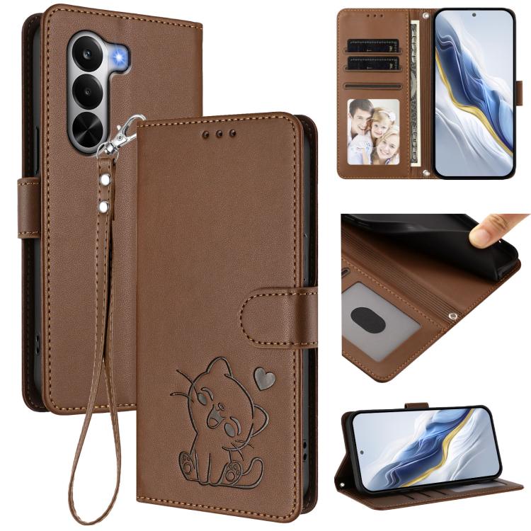 Embossed Heart Cat Leather Phone Case with Hand Strap, For Realme 16 5G, For Realme 16 Pro+ 5G, For Realme 16 Pro 5G, For Realme P4x 5G