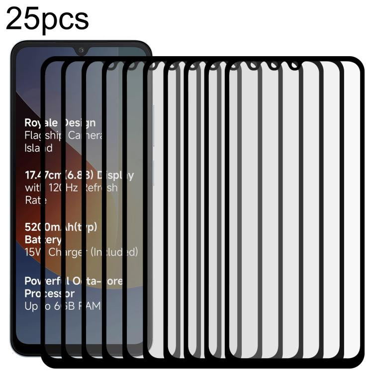 25pcs High Aluminum Full Screen Silk Printing Tempered Glass Film, For Redmi A7 4G 171.8mm, For Redmi 17C 4G, For Xiaomi Poco C81x 4G, For Xiaomi Poco M8s 5G, For Xiaomi Poco C81 Pro 4G, For Redmi A7 Pro 171mm / Poco C85x 5G, For Redmi R70 5G / R70m 5G...