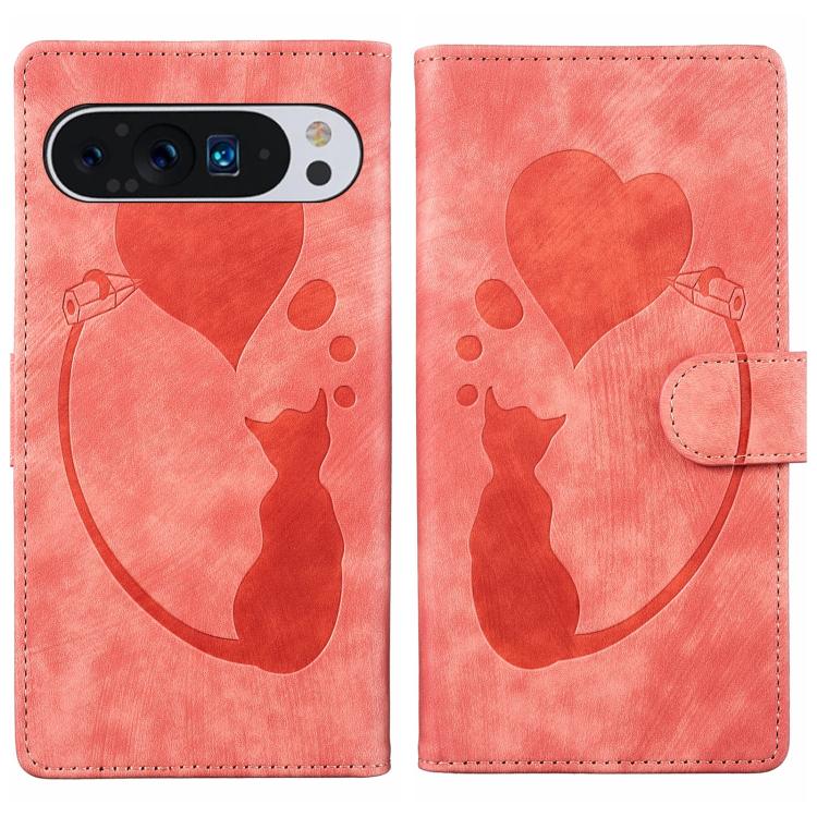 Pen Heart Cat Embossed Leather Phone Case, For Google Pixel 11 Pro XL, For Google Pixel 11 / 11 Pro, For Google Pixel 10a, For Google Pixel 9 Pro XL / 10 Pro XL, For Google Pixel 9 / 10 Pro