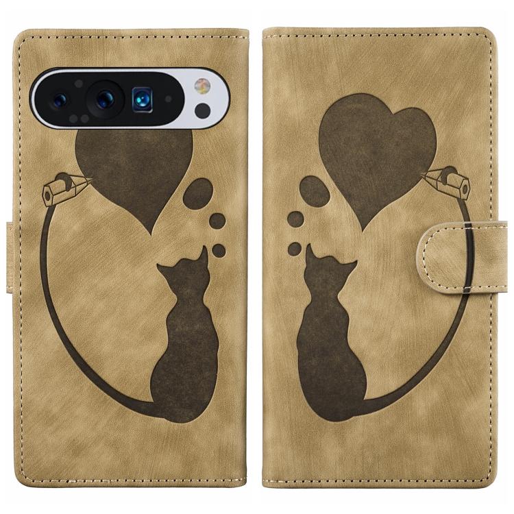 Pen Heart Cat Embossed Leather Phone Case, For Google Pixel 11 Pro XL, For Google Pixel 11 / 11 Pro, For Google Pixel 10a, For Google Pixel 9 Pro XL / 10 Pro XL, For Google Pixel 9 / 10 Pro