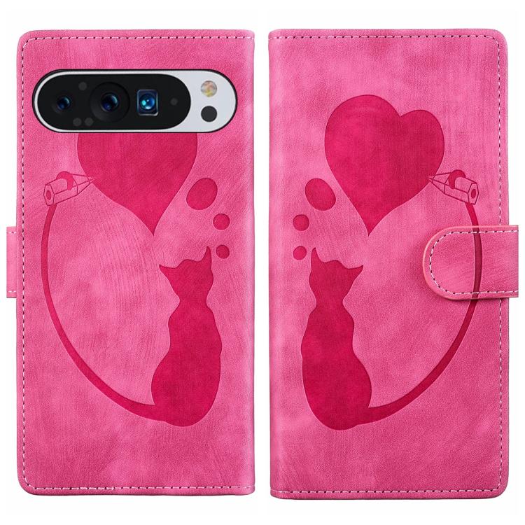 Pen Heart Cat Embossed Leather Phone Case, For Google Pixel 11 Pro XL, For Google Pixel 11 / 11 Pro, For Google Pixel 10a, For Google Pixel 9 Pro XL / 10 Pro XL, For Google Pixel 9 / 10 Pro
