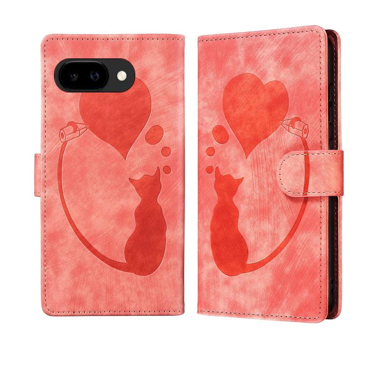 Pen Heart Cat Embossed Leather Phone Case, For Google Pixel 11 Pro XL, For Google Pixel 11 / 11 Pro, For Google Pixel 10a, For Google Pixel 9 Pro XL / 10 Pro XL, For Google Pixel 9 / 10 Pro