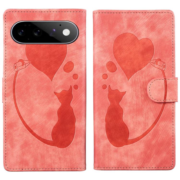 Pen Heart Cat Embossed Leather Phone Case, For Google Pixel 11 Pro XL, For Google Pixel 11 / 11 Pro, For Google Pixel 10a, For Google Pixel 9 Pro XL / 10 Pro XL, For Google Pixel 9 / 10 Pro