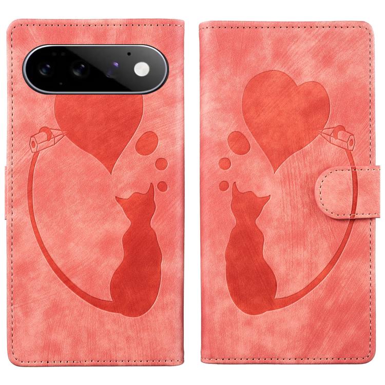 Pen Heart Cat Embossed Leather Phone Case, For Google Pixel 11 Pro XL, For Google Pixel 11 / 11 Pro, For Google Pixel 10a, For Google Pixel 9 Pro XL / 10 Pro XL, For Google Pixel 9 / 10 Pro