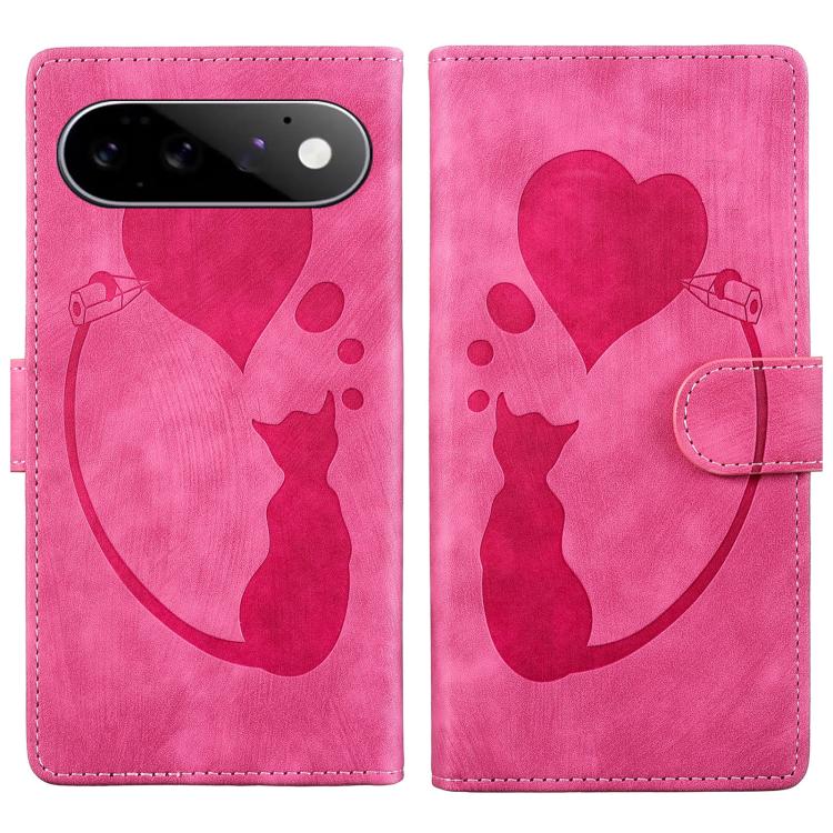 Pen Heart Cat Embossed Leather Phone Case, For Google Pixel 11 Pro XL, For Google Pixel 11 / 11 Pro, For Google Pixel 10a, For Google Pixel 9 Pro XL / 10 Pro XL, For Google Pixel 9 / 10 Pro