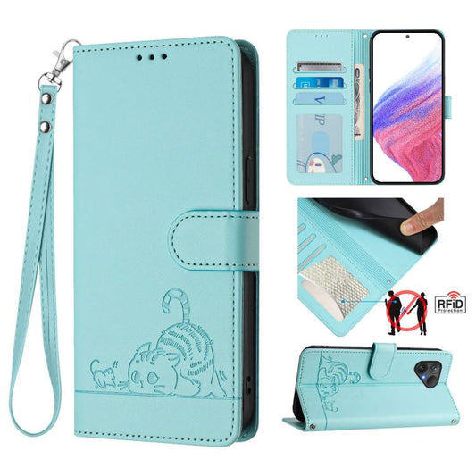 Cat Rat Embossed Pattern RFID Leather Phone Case with Lanyard, For Fairphone 5