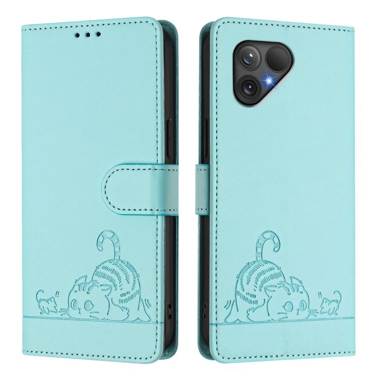 Cat Rat Embossed Pattern RFID Leather Phone Case with Lanyard, For Fairphone 5