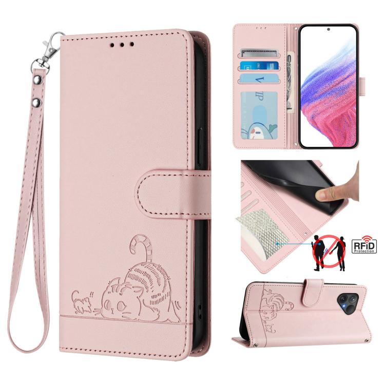 Cat Rat Embossed Pattern RFID Leather Phone Case with Lanyard, For Fairphone 5