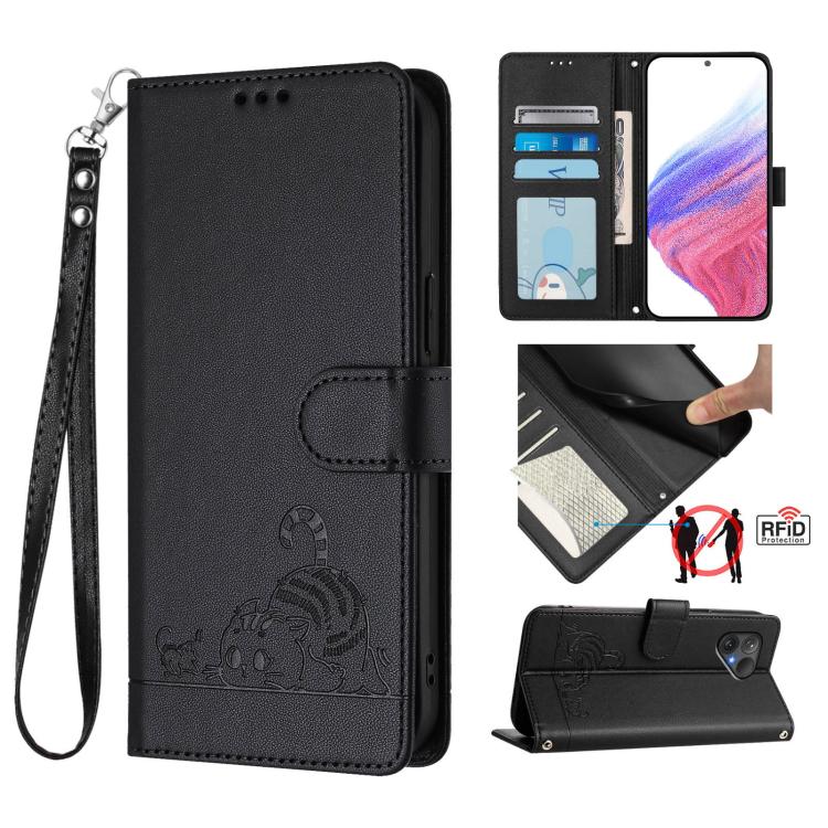 Cat Rat Embossed Pattern RFID Leather Phone Case with Lanyard, For Fairphone 5