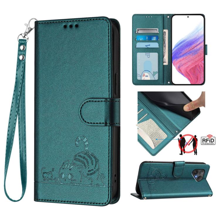 Cat Rat Embossed Pattern RFID Leather Phone Case with Lanyard, For Fairphone 5