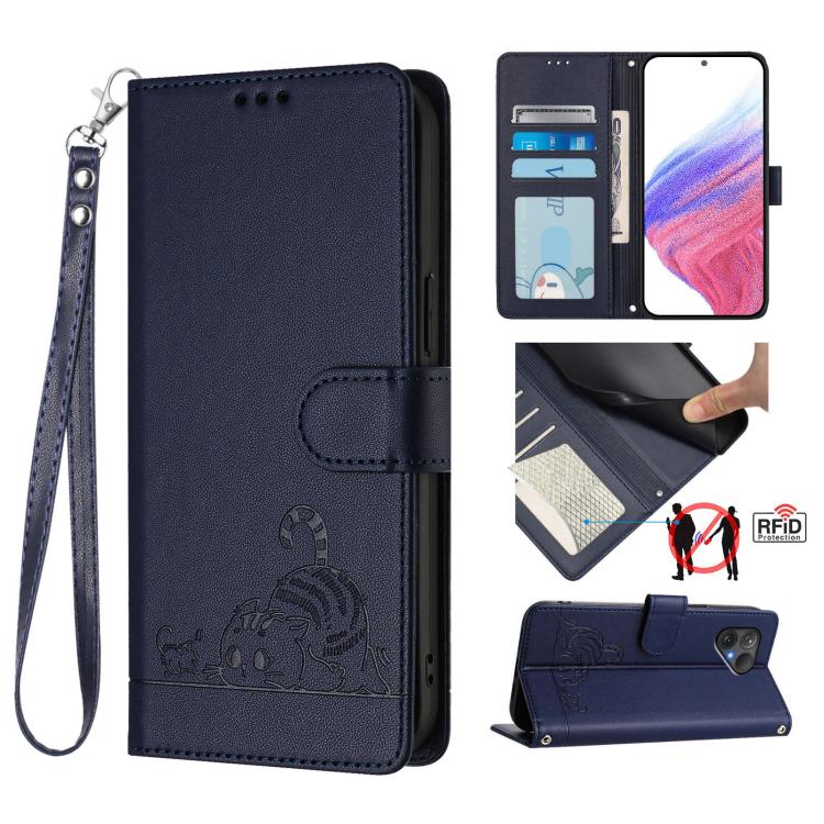 Cat Rat Embossed Pattern RFID Leather Phone Case with Lanyard, For Fairphone 5