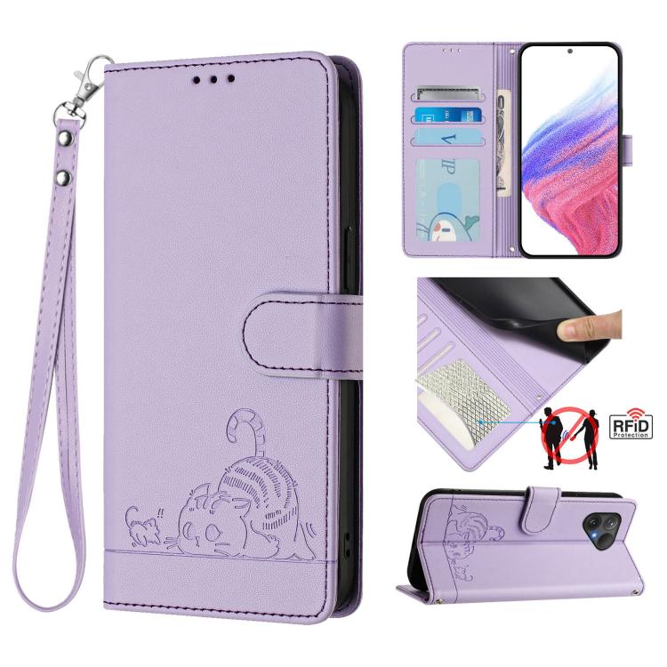 Cat Rat Embossed Pattern RFID Leather Phone Case with Lanyard, For Fairphone 5
