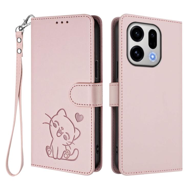 Embossed Heart Cat Leather Phone Case with Hand Strap, For OPPO Find X9, For OPPO Find X9 Pro
