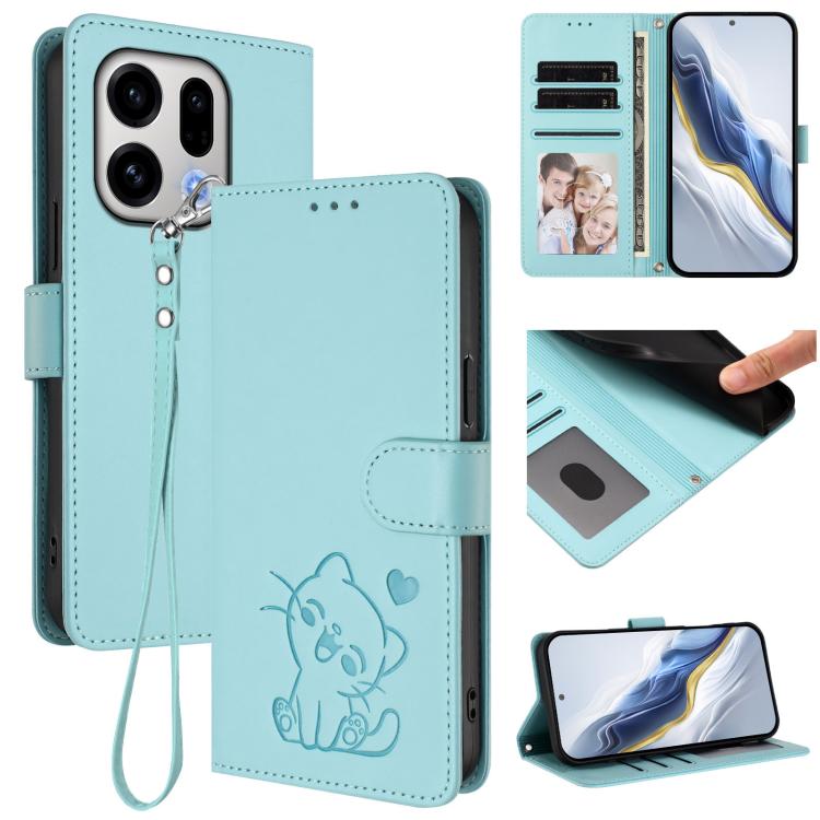 Embossed Heart Cat Leather Phone Case with Hand Strap, For OPPO Find X9, For OPPO Find X9 Pro