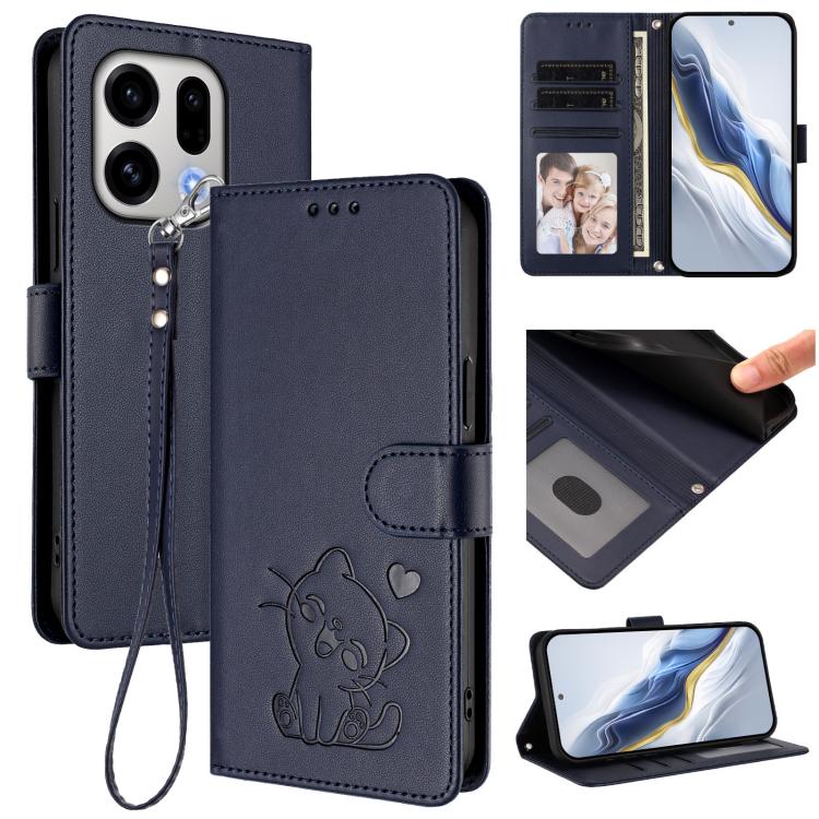 Embossed Heart Cat Leather Phone Case with Hand Strap, For OPPO Find X9, For OPPO Find X9 Pro