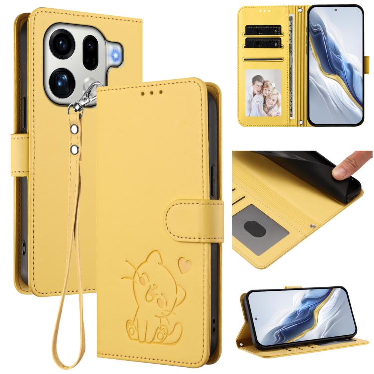 Embossed Heart Cat Leather Phone Case with Hand Strap, For OPPO Find X9, For OPPO Find X9 Pro