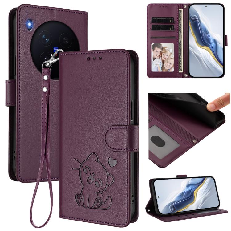 Embossed Heart Cat Leather Phone Case with Hand Strap, For vivo X300 Pro, For vivo X300